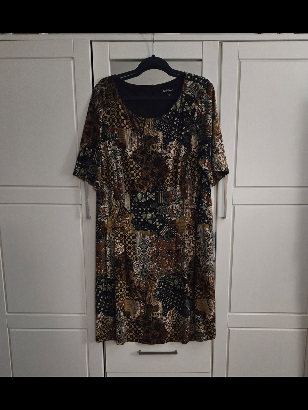 Roz & Ali Patchwork Print Midi Dress - Black, Brown & Cream